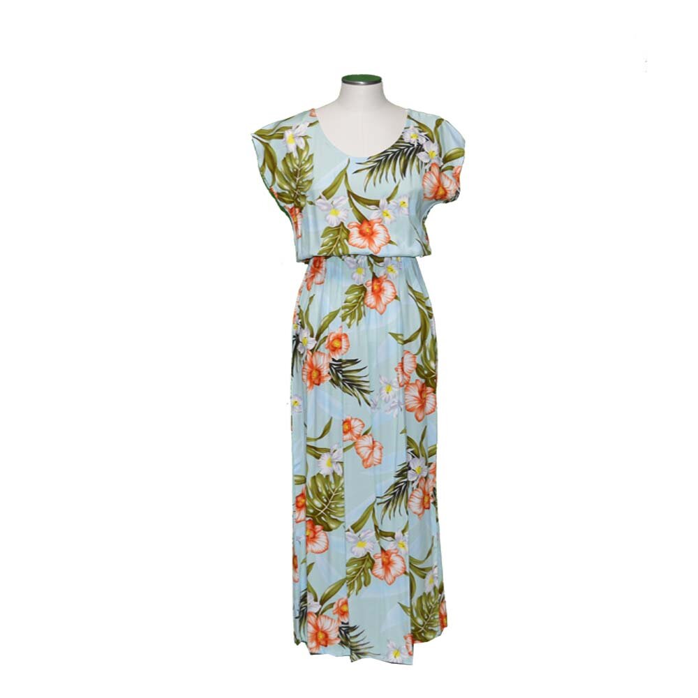 long sleeve hawaiian dress Best-Seller Long Maxi Hawaiian Dress Akupu Orchids Short Sleeves Full –  KY'S ALOHA SHIRTS