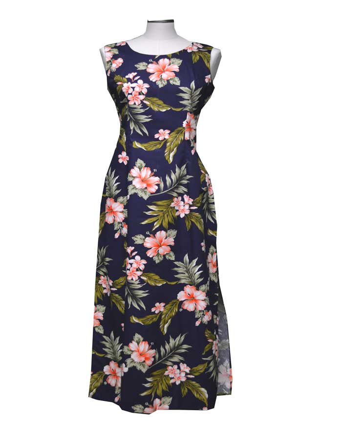 Coral Hibiscus Long Hawaiian Dresses | Luau in party made in Hawaii  KY'S  ALOHA SHIRTS