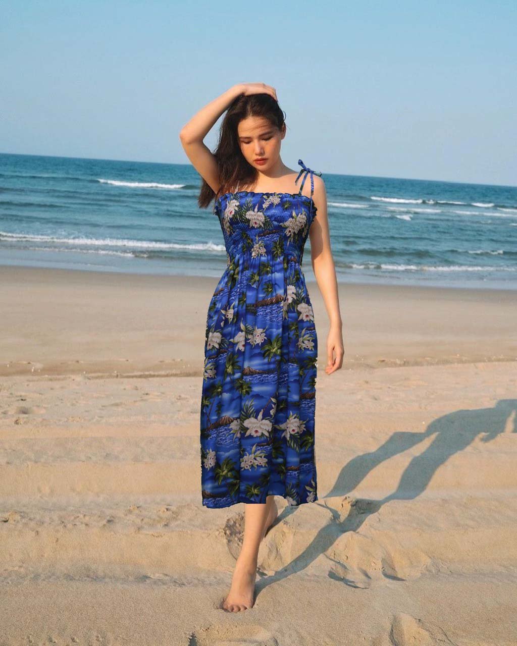 white christmas dresses Escape Blue Maxi Hawaiian Dress with Allover Floral Design – Lavahut main image 0