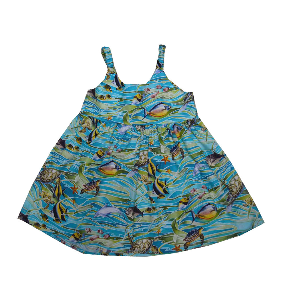 Tropical Fish Cotton Bungee Hawaiian girls dresses|Hawaiian outfit for girls 2 / Green