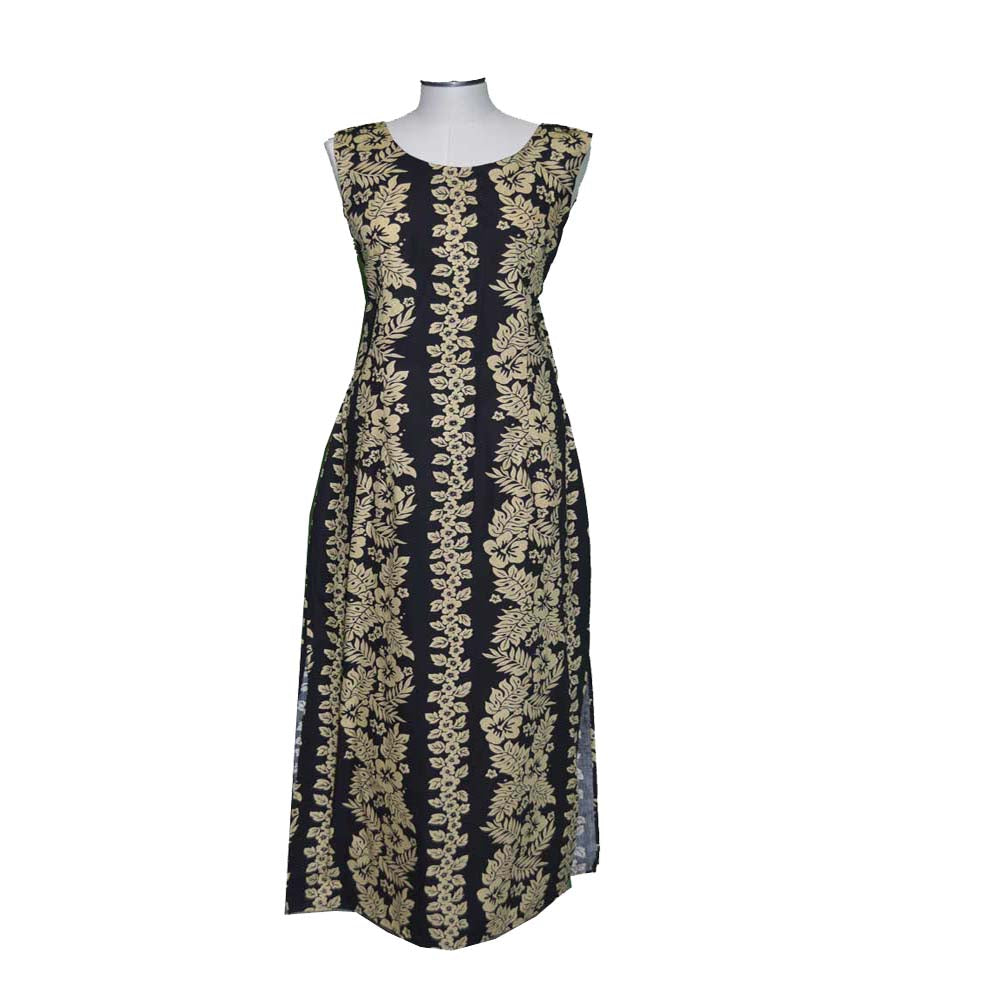 Yellow Hibiscus Leis Cotton Long Hawaiian Tank Dresses Made In Hawaii 2XL / Black