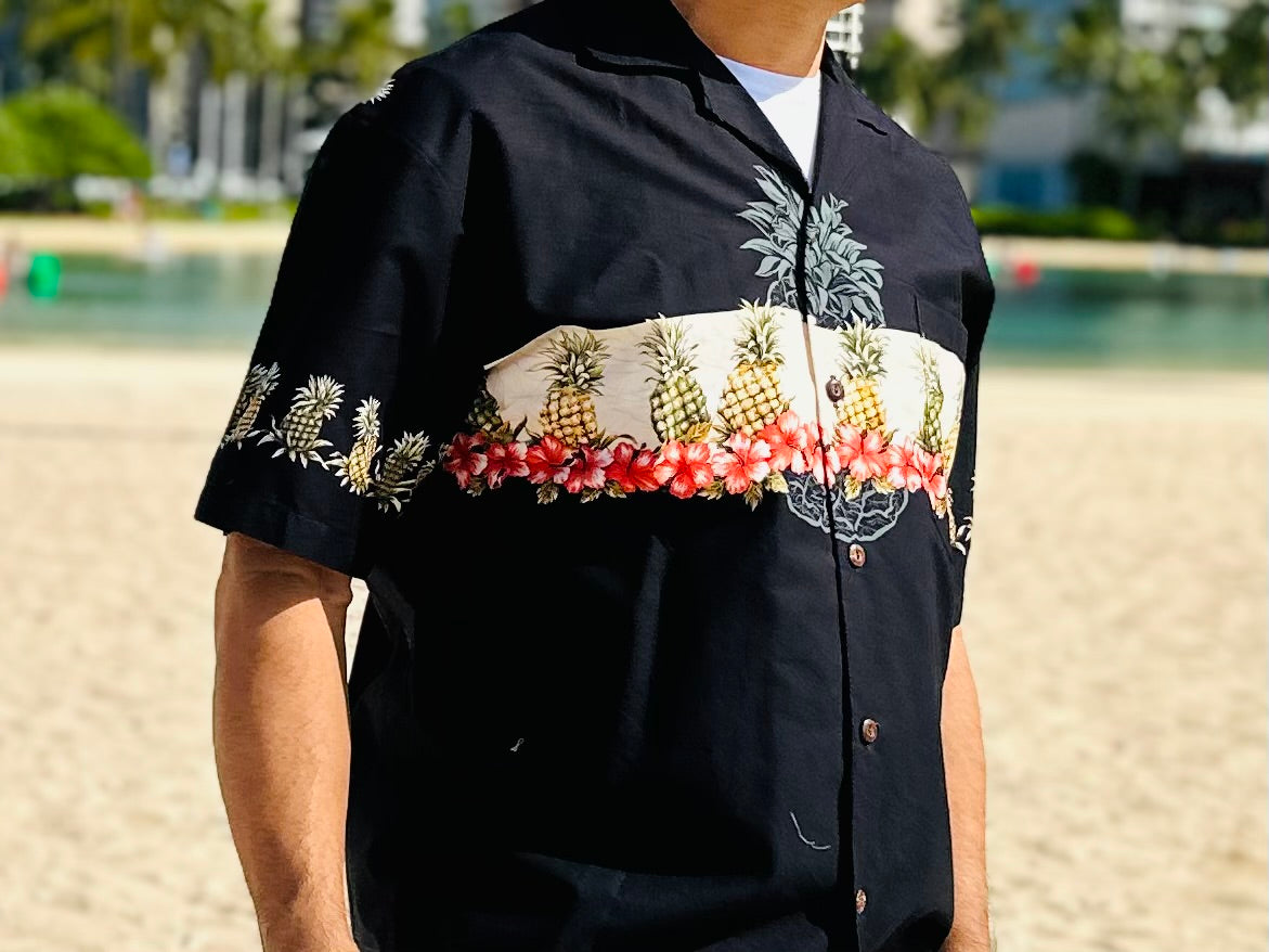 kys aloha black shirt with red hibiscus