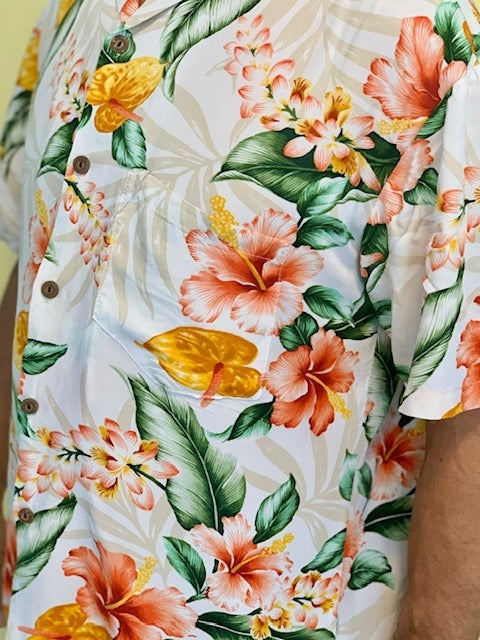  rayon aloha Hawaiian shirt tropical print in white color