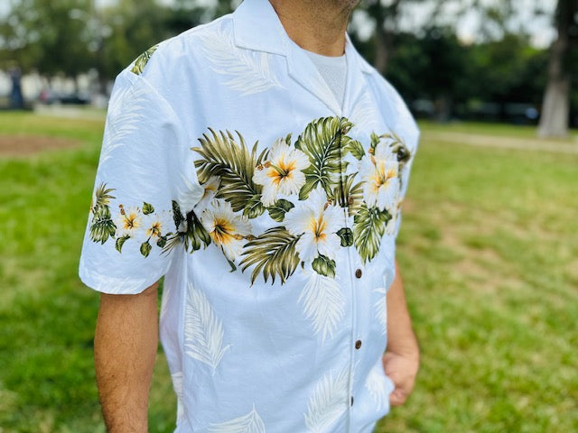 authentic Hawaiian shirt yellow hibiscus white color