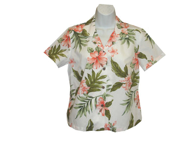 Coral Hibiscus Women's Aloha Cotton Blouses