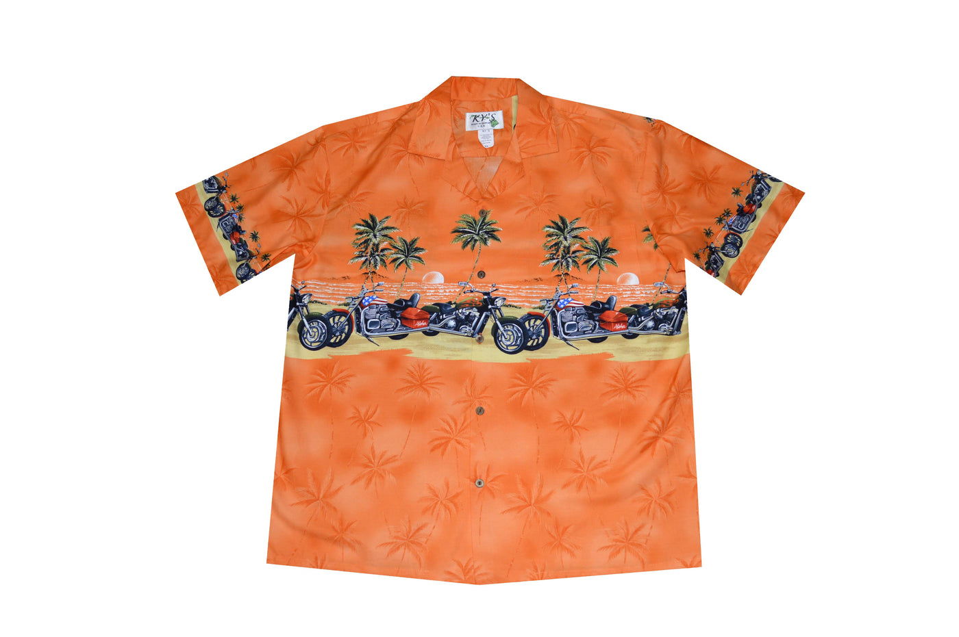 Close-up of matched pocket and buttons on Motorcycle Club Hawaiian shirt