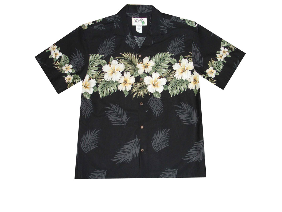 Flatlay of Yellow Hibiscus chest band Hawaiian shirt, made in Hawaii