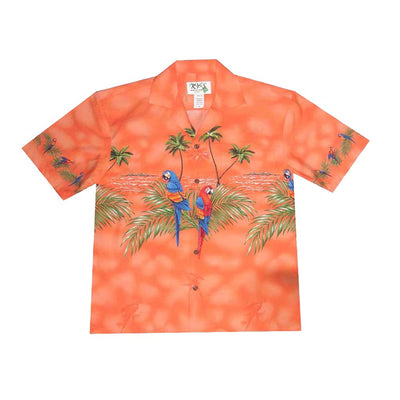 Man wearing Ky’s parrot Aloha shirt outdoors, tropical bird border print design

