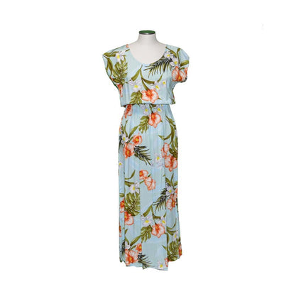 Best-Seller Long Maxi Hawaiian Dress Akupu Orchids Short Sleeves Full Length