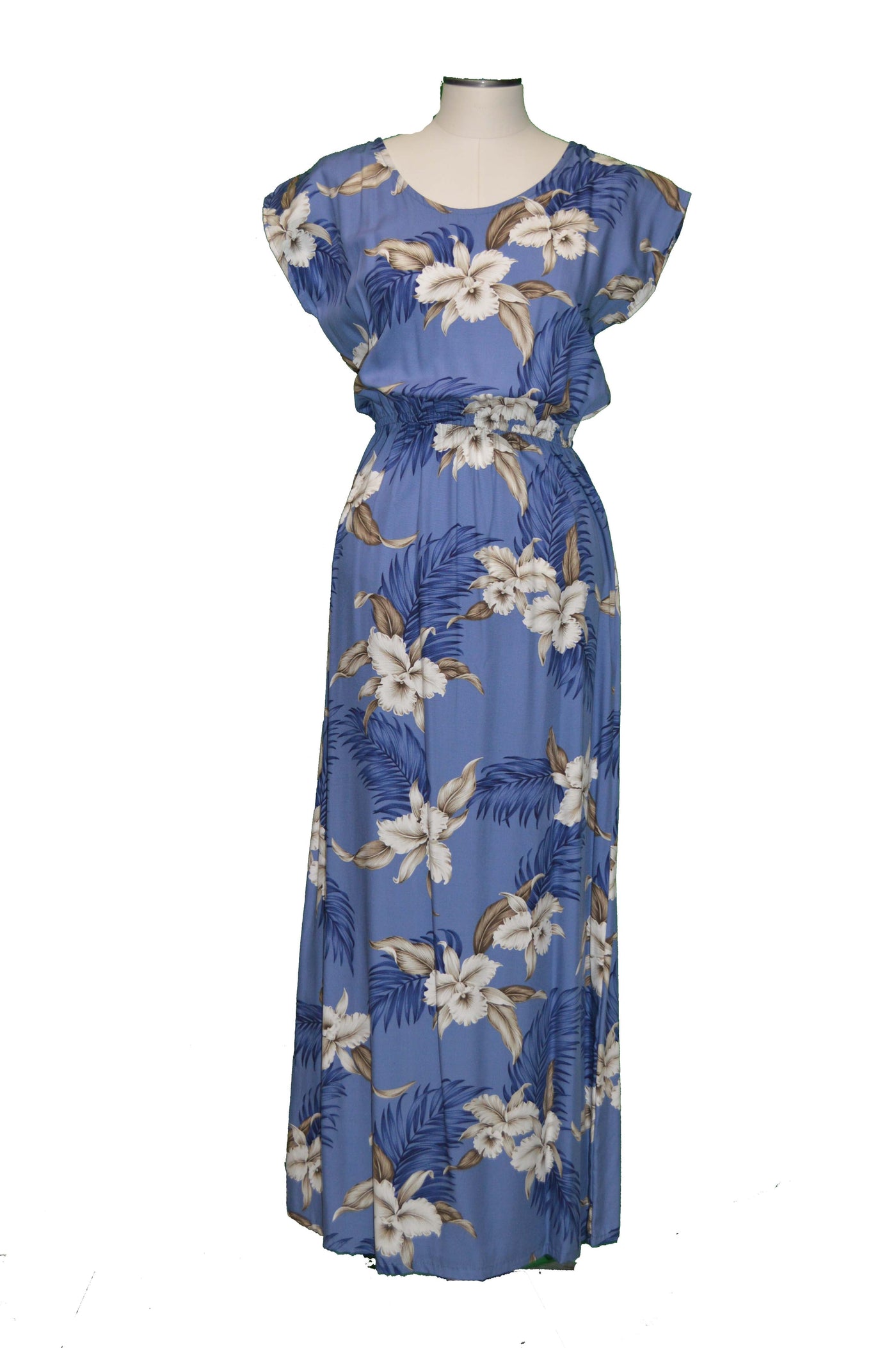 Long Maxi Hawaiian Dress Orchids Short Sleeves Full Length