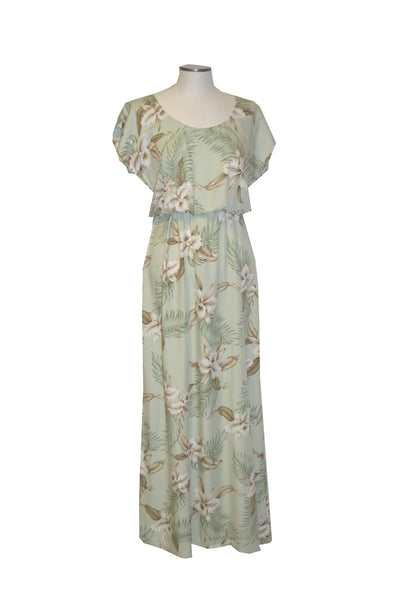 Long Maxi Hawaiian Dress Orchids Short Sleeves Full Length