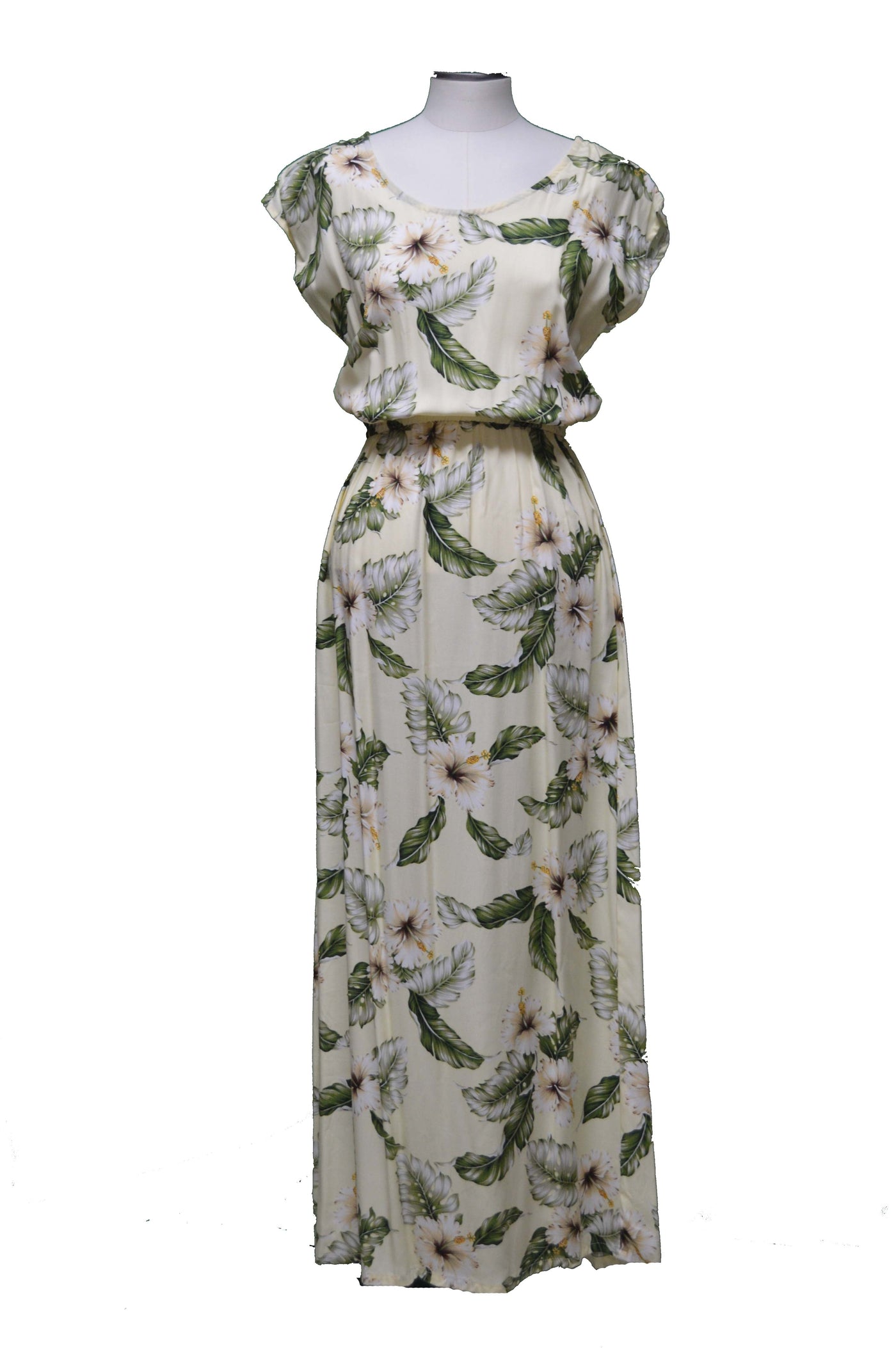 Long Maxi Hawaiian Dress Orchids Short Sleeves Full Length