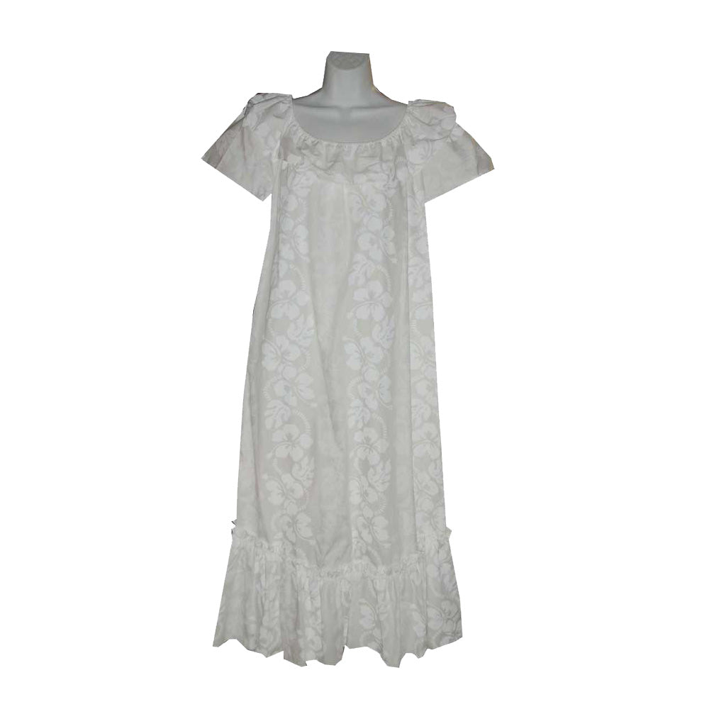 White Muumuu Short Dress Hibiscus Leis White / L White Muumuu Short Dress Hibiscus Leis White / L