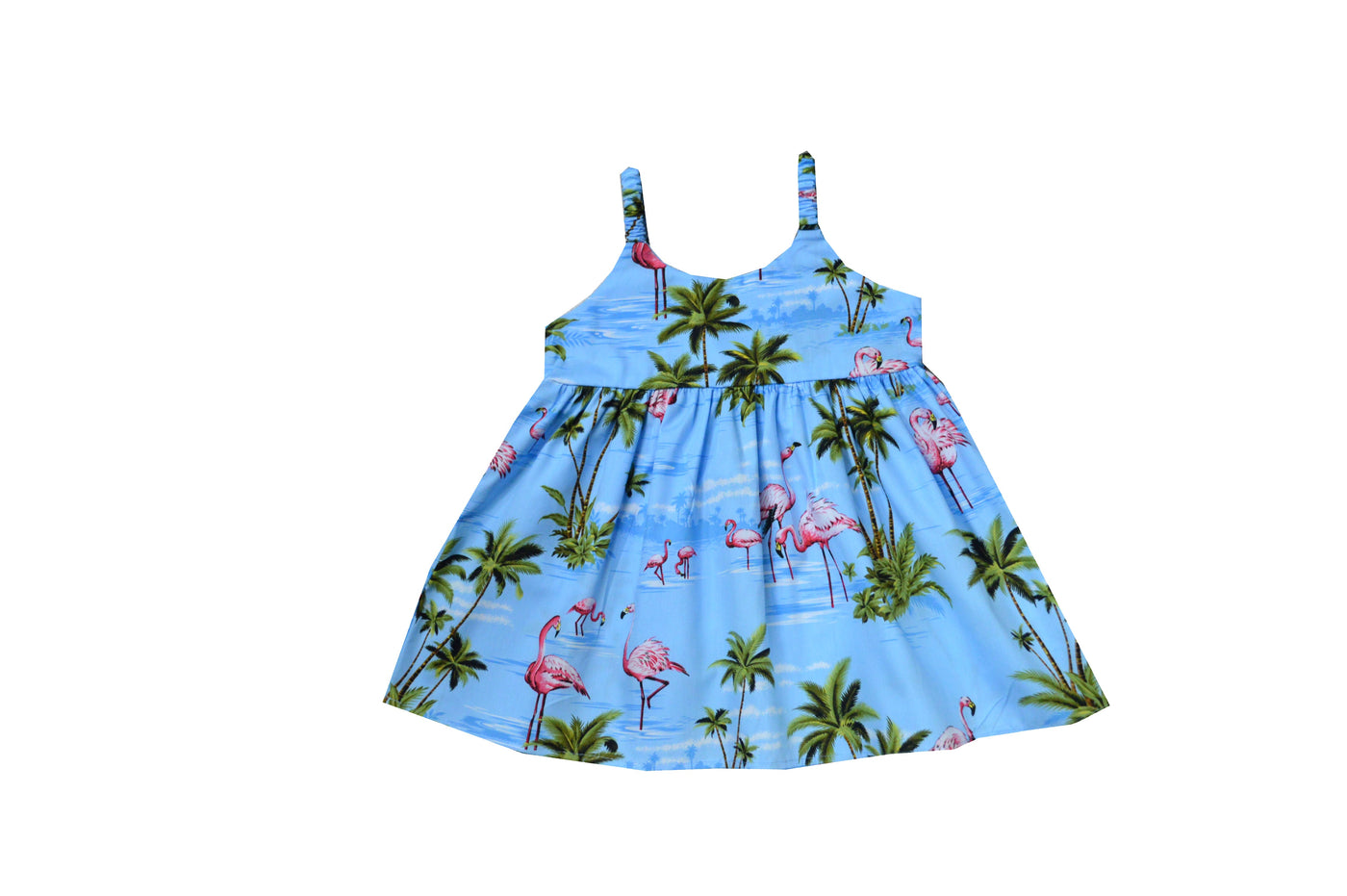 Sunny Bungee dress for Little Girl Flamingo under Palm Tree Soft Cotton Made in Hawaii