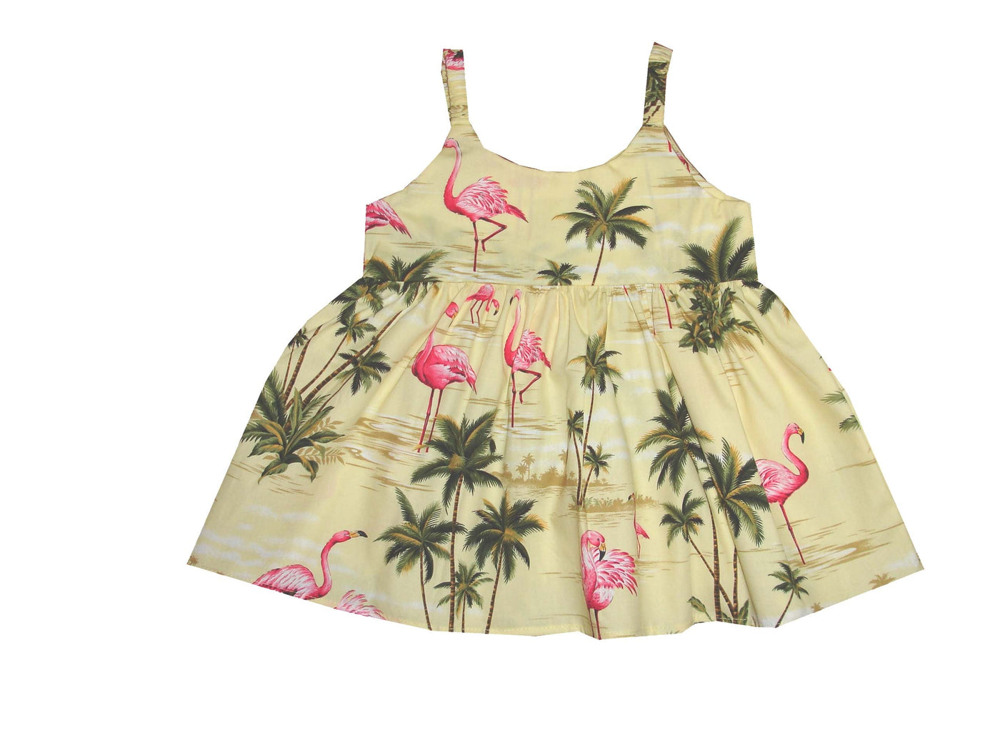 Sunny Bungee dress for Little Girl Flamingo under Palm Tree Soft Cotton Made in Hawaii