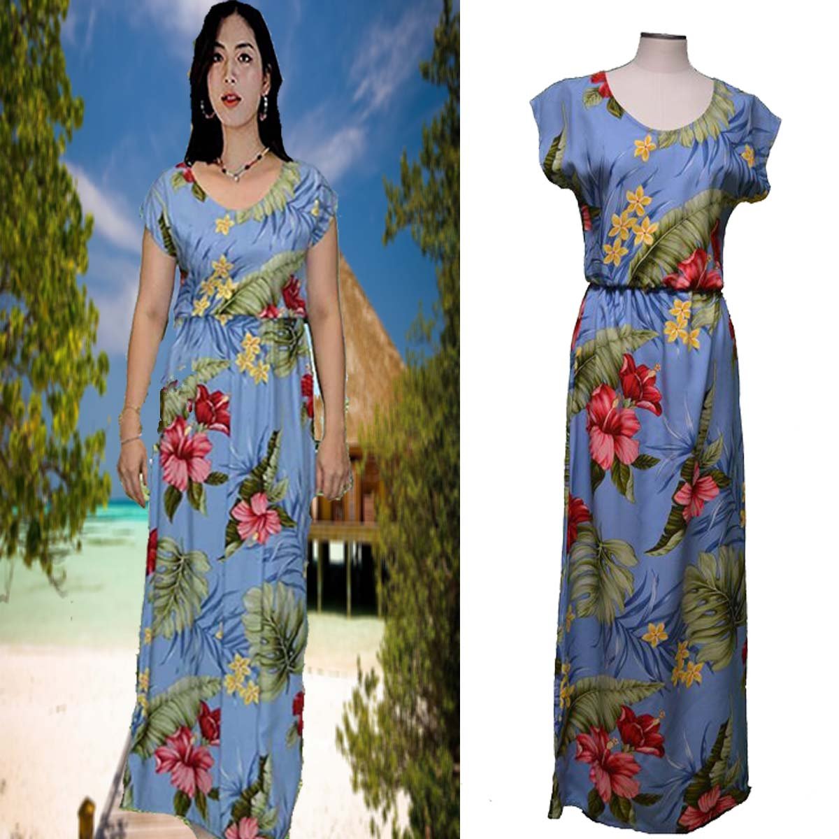 Plus-Size Long Maxi Hawaiian Dress Short Sleeves  Makakilo Hibiscus