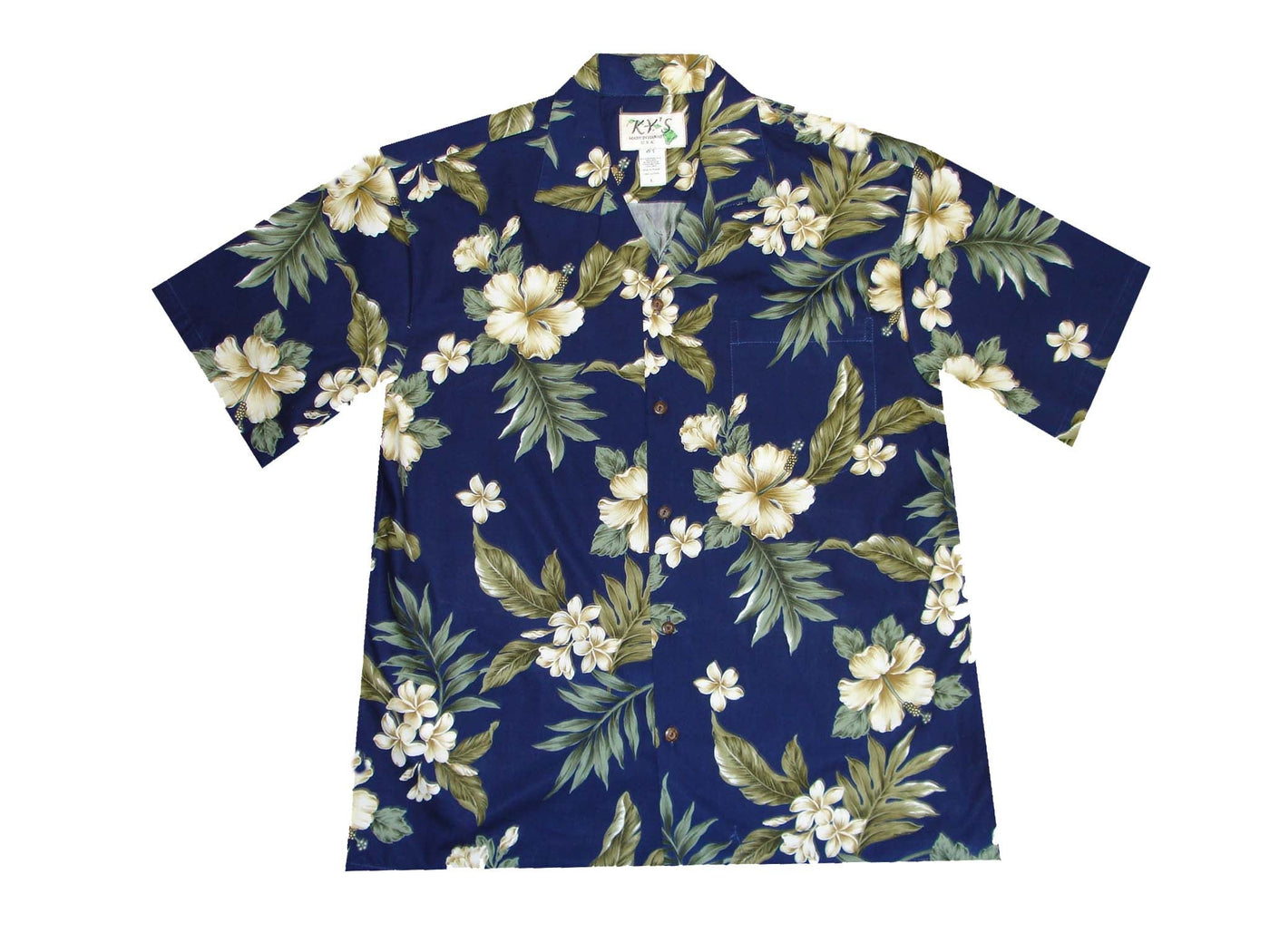 Cotton Hawaiian Shirt Coral Hibiscus-Navy