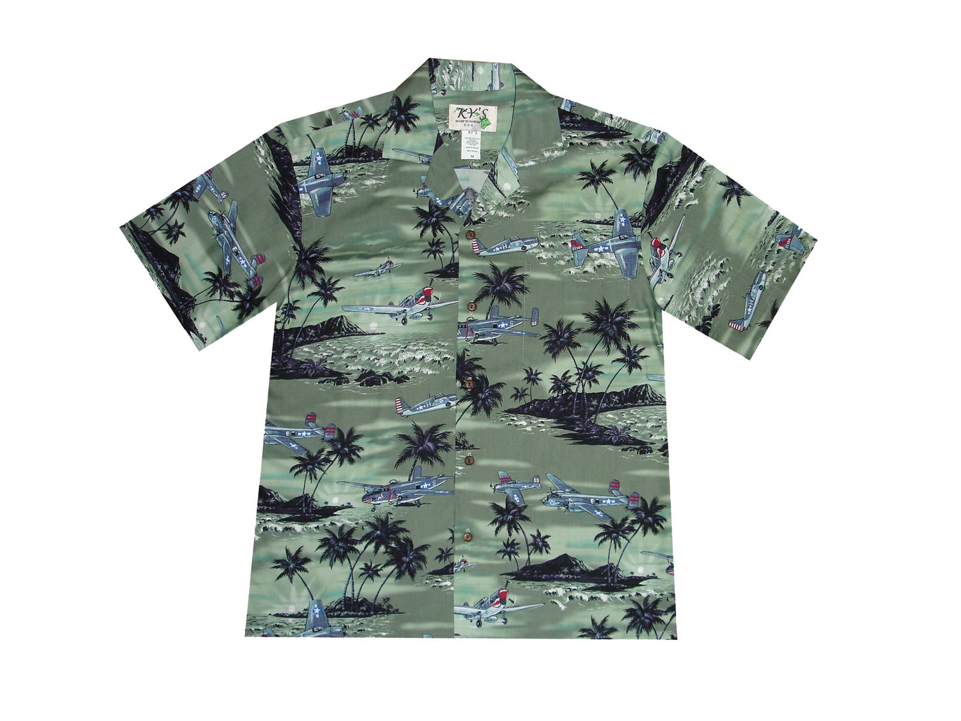 Cotton Hawaiian Shirt Planes Pearl Harbor -Green