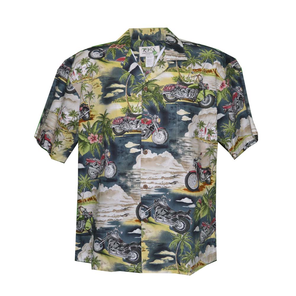 blue hawaiian cotton aloha shirt with motorcycle scene theme