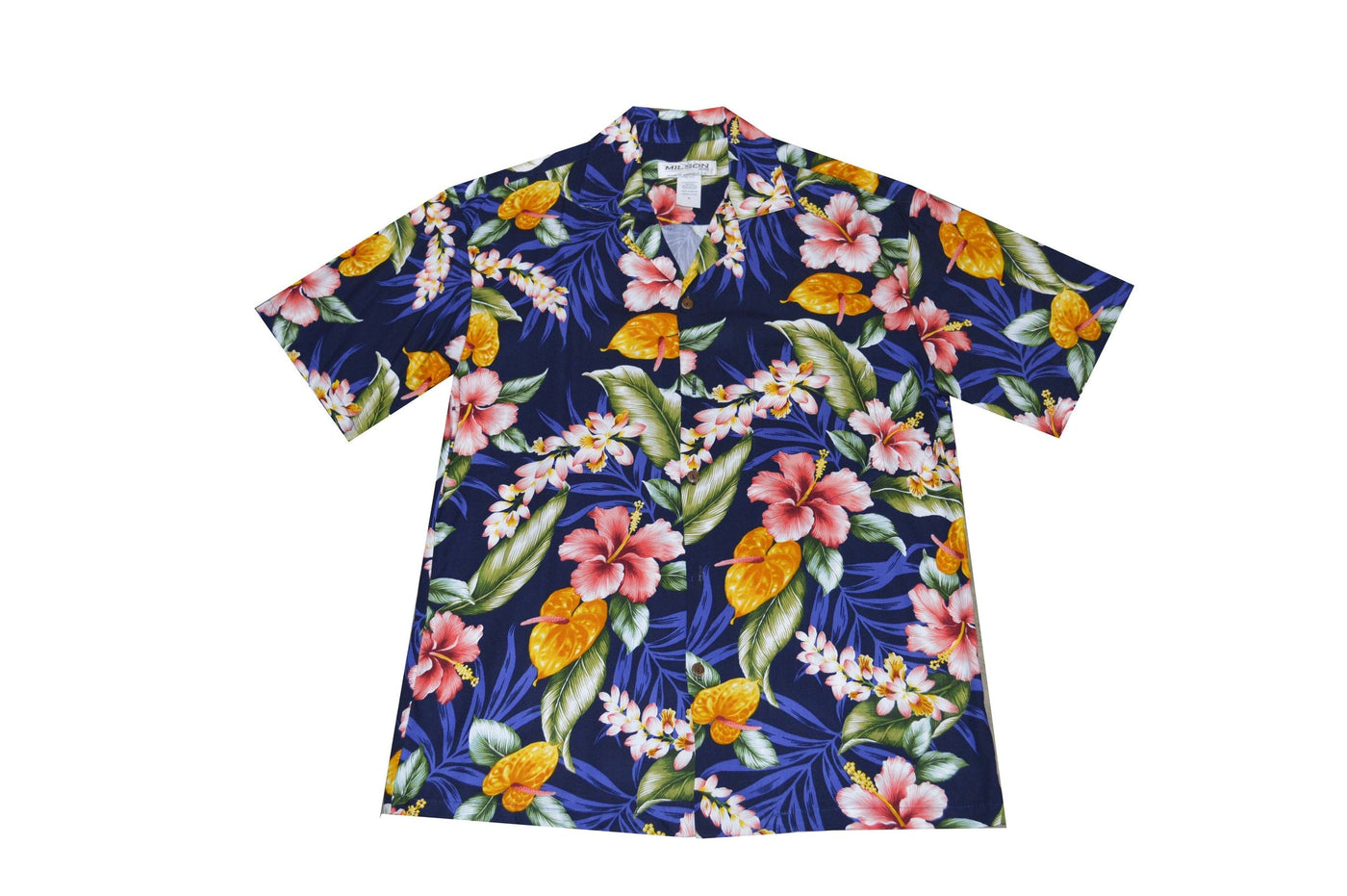 Rayon Hawaiian shirts Hawaii: Men's Hawaiian Shirt Tropical Flower -Navy