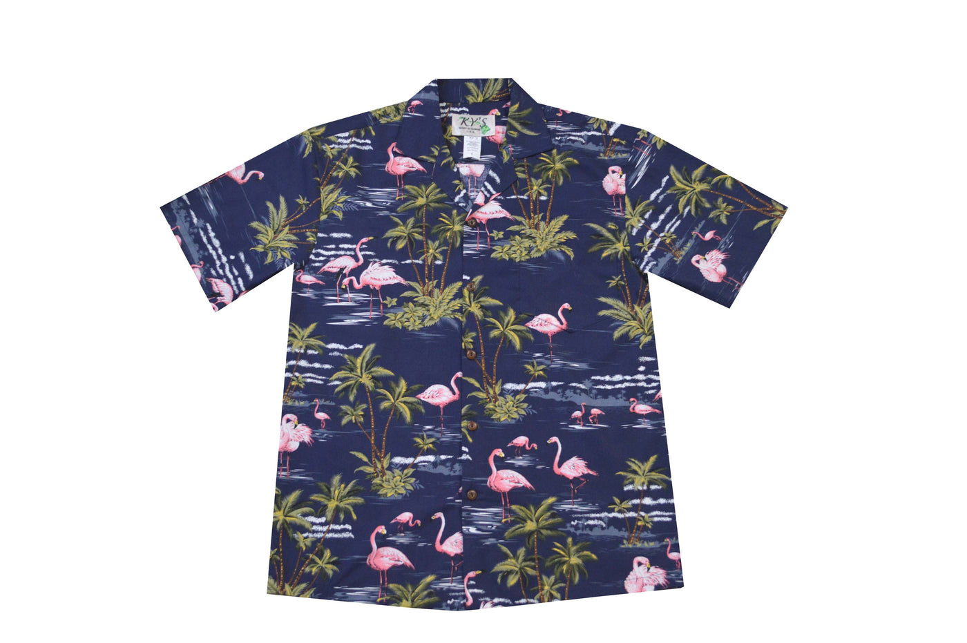 Cotton Hawaiian Shirt Pink Flamingo -Navy