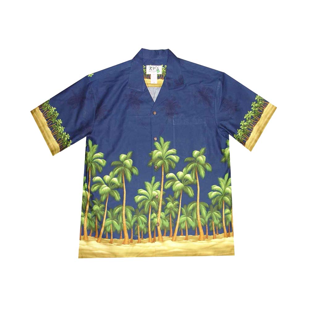 Ky's Hawaiian Cotton Shirt Kona Palm Trees -Navy