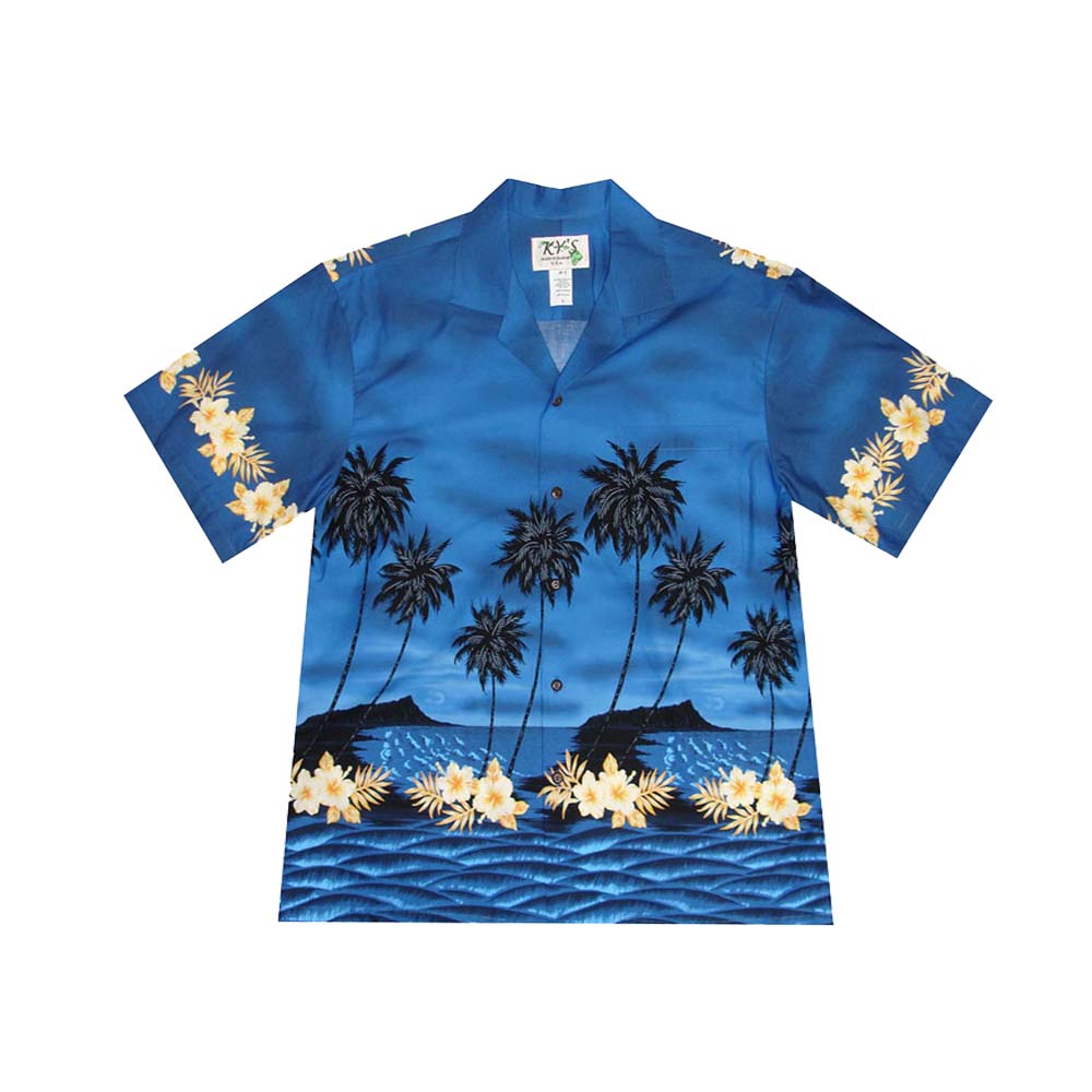 Ky's Hawaiian Cotton Shirt Palm Tree Silhoutte - Navy