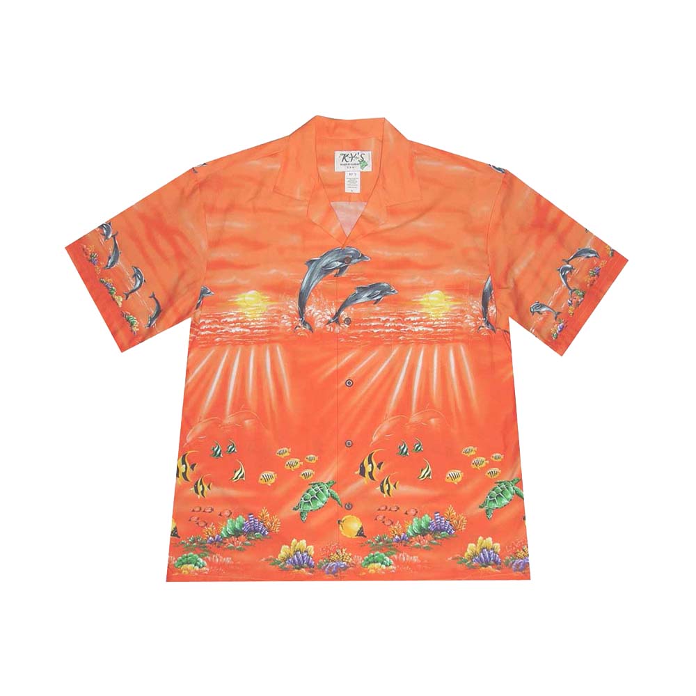 Ky's Hawaiian Cotton Shirt Sunrise Dolphins -Orange