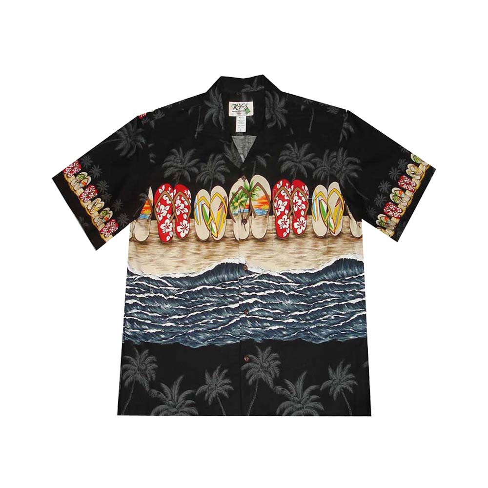 Ky's Hawaiian Cotton Shirt Hawaii Slipper-Black