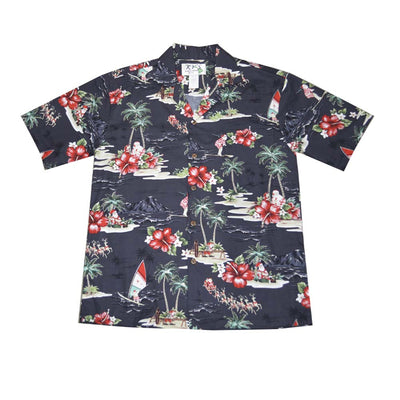 black hawaiian cotton aloha shirt with christmas scene theme