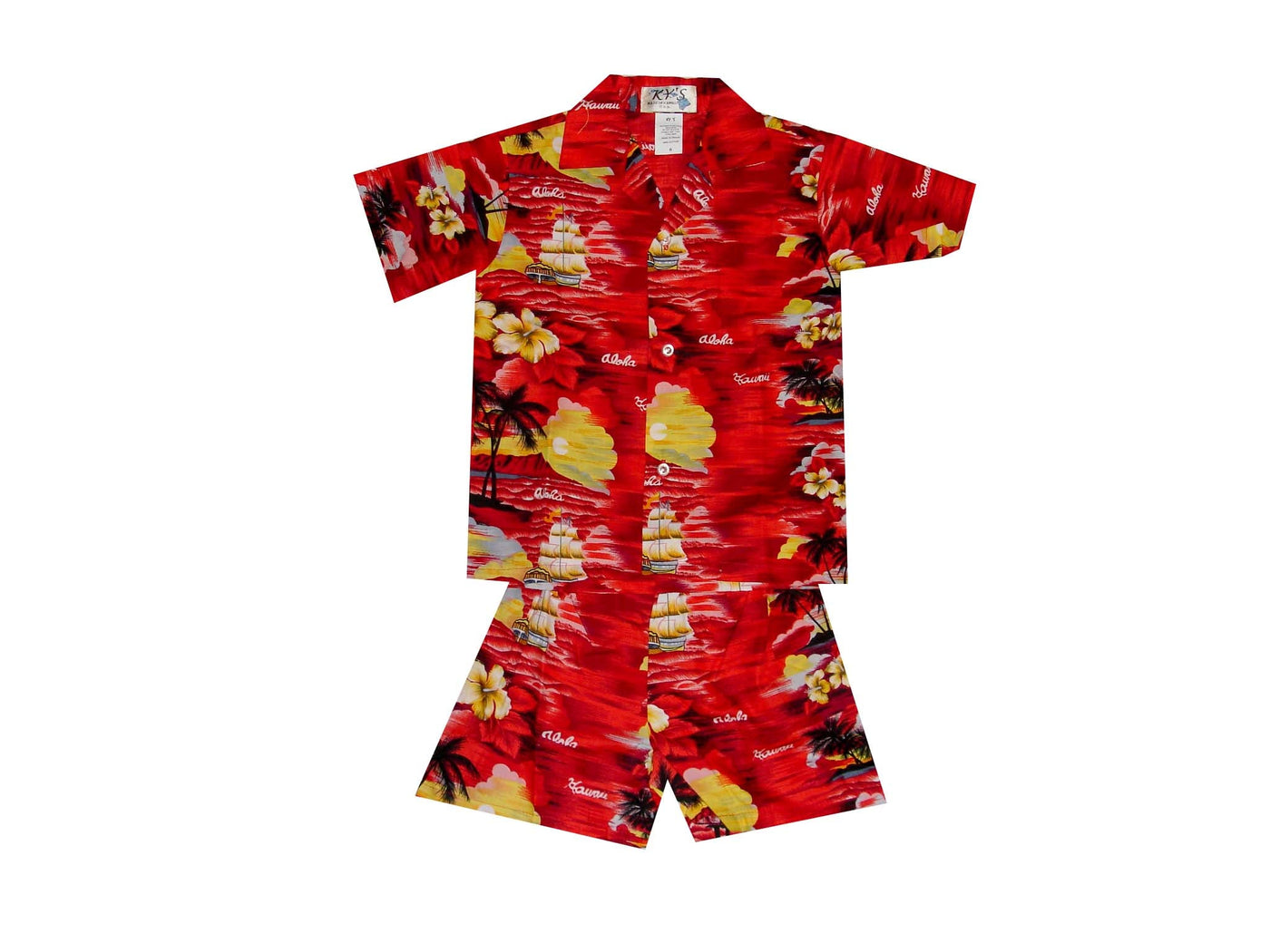 Matching Boy's Sets and Girl Dress Sunset in Ocean with Aloha and Hawaii Printed on.