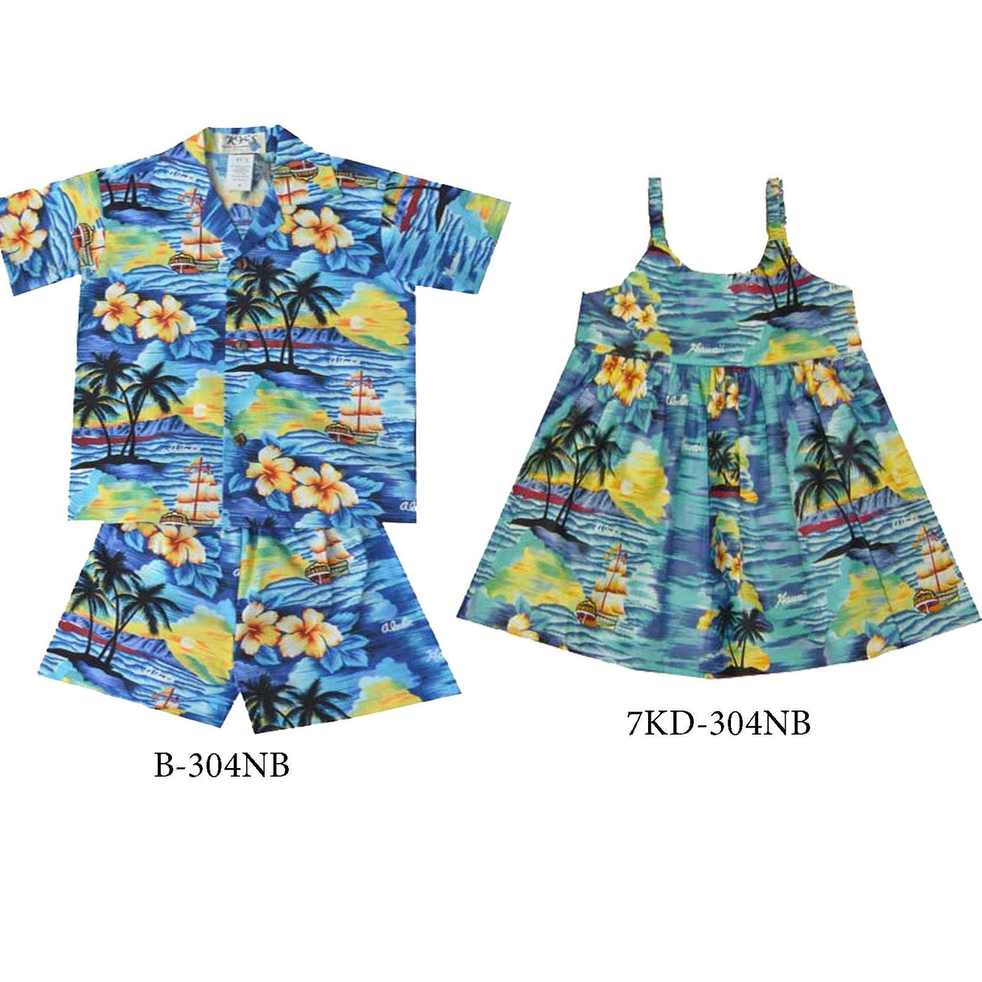 Matching Boy's Sets and Girl Dress Sunset in Ocean with Aloha and Hawaii Printed on.