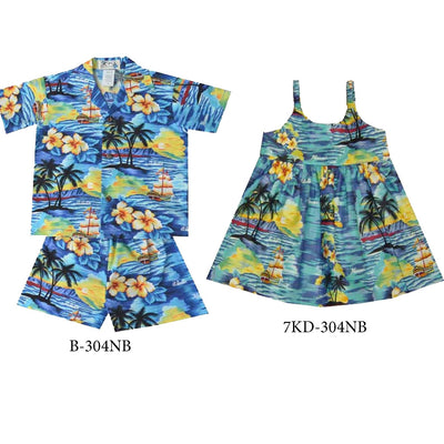 Matching Boy's Sets and Girl Dress Sunset in Ocean with Aloha and Hawaii Printed on.