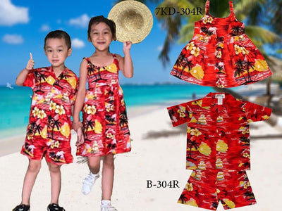 Matching Boy's Sets and Girl Dress Sunset in Ocean with Aloha and Hawaii Printed on.