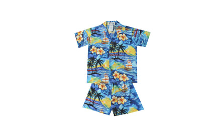 Matching Boy's Sets and Girl Dress Sunset in Ocean with Aloha and Hawaii Printed on.