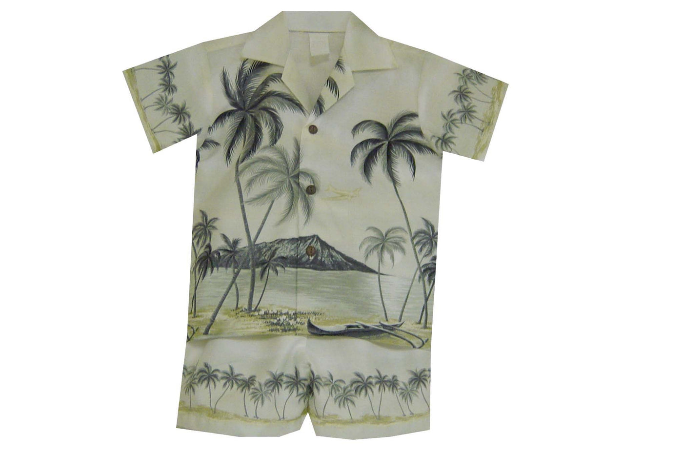 Palms Trees Diamond Head  Hawaiian Boy Shirt -Olive