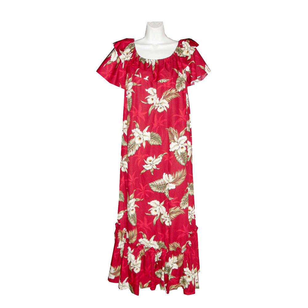 Hawaiian muumuu dress with white orchid print