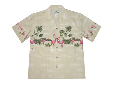 flamingo island Aloha shirt with tropical print border design, breathable cotton fabric