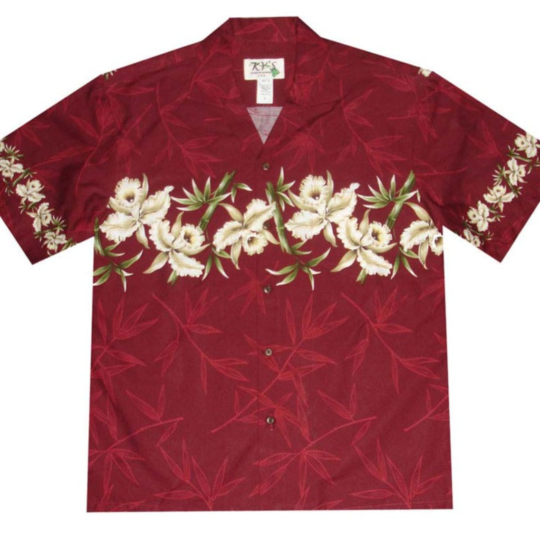 Ky’s Hawaiian Orchid floral print Aloha shirt with tropical border design