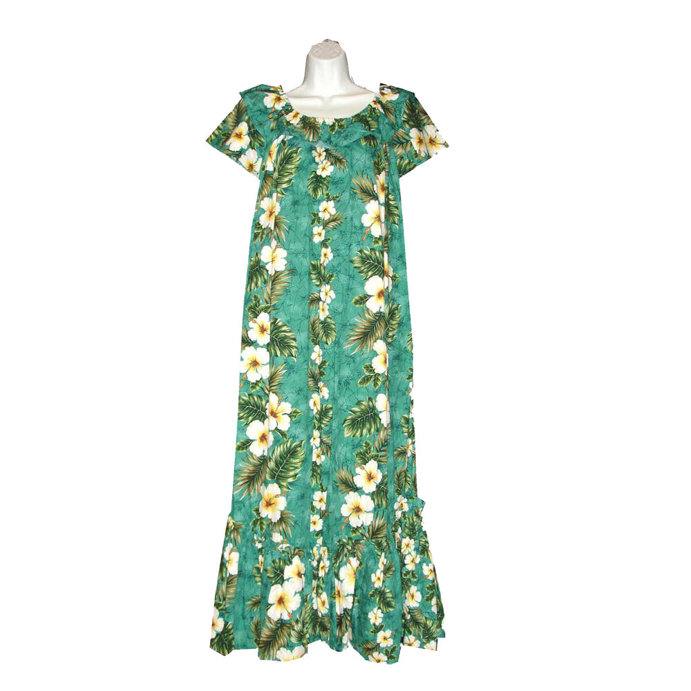 Handmade Hawaiian muumuu dress with hibiscus panel print, made in Hawaii by Ky’s