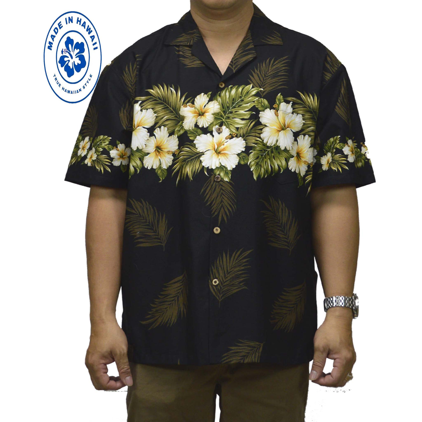 Ky's Hawaiian Cotton Shirt Original Hibiscus - Black