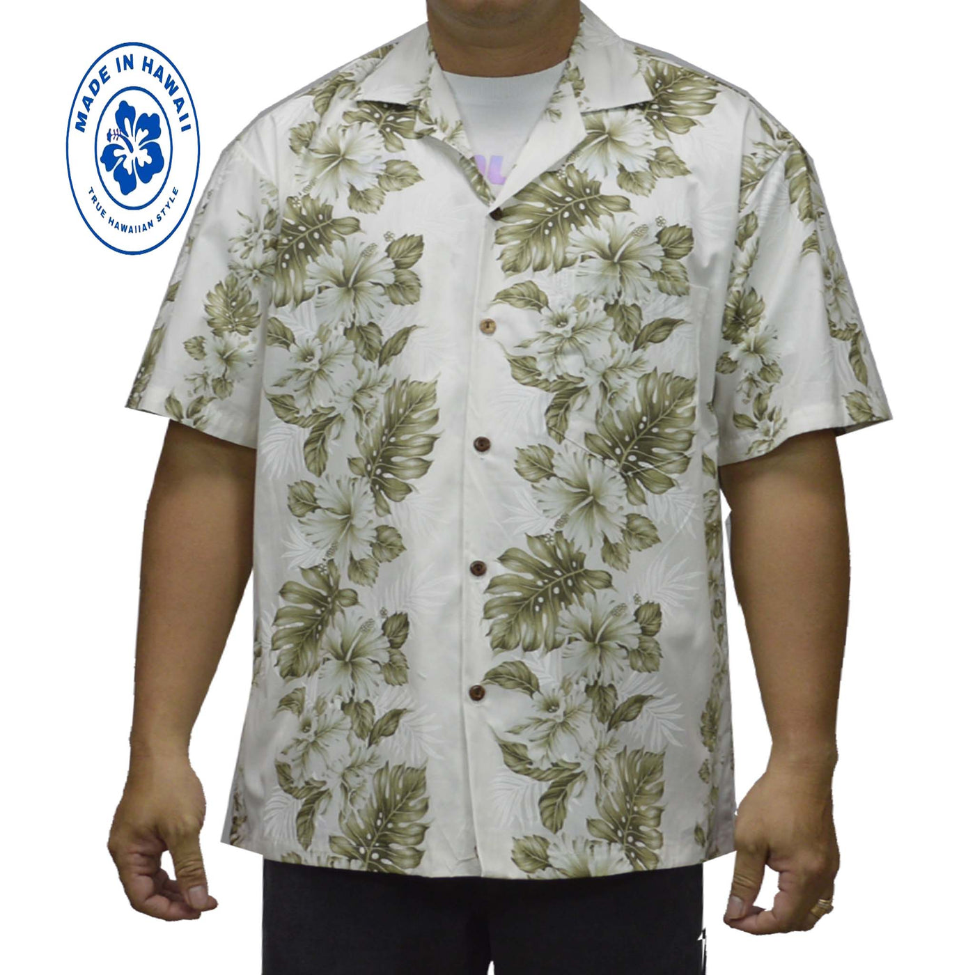 Cotton Hawaiian Shirt Hibiscus Classic-White