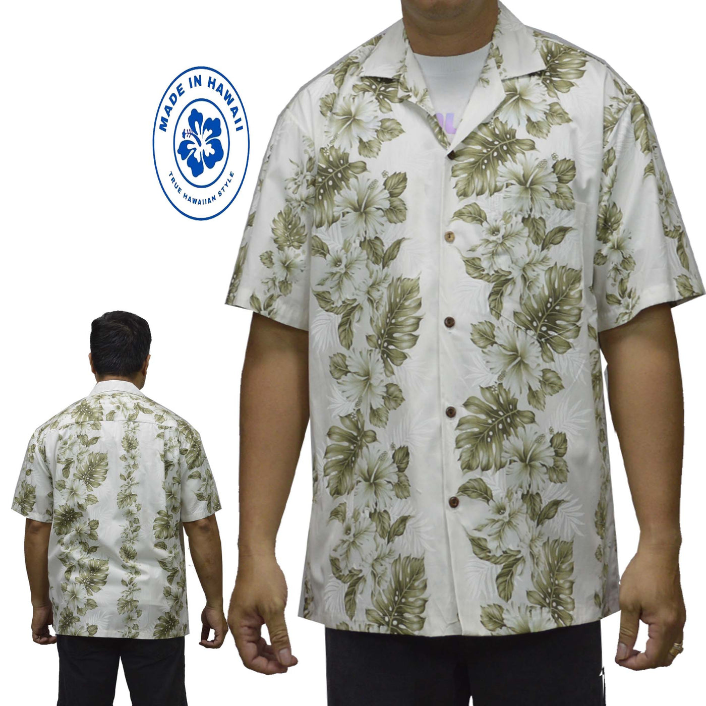 Cotton Hawaiian Shirt Hibiscus Classic-White