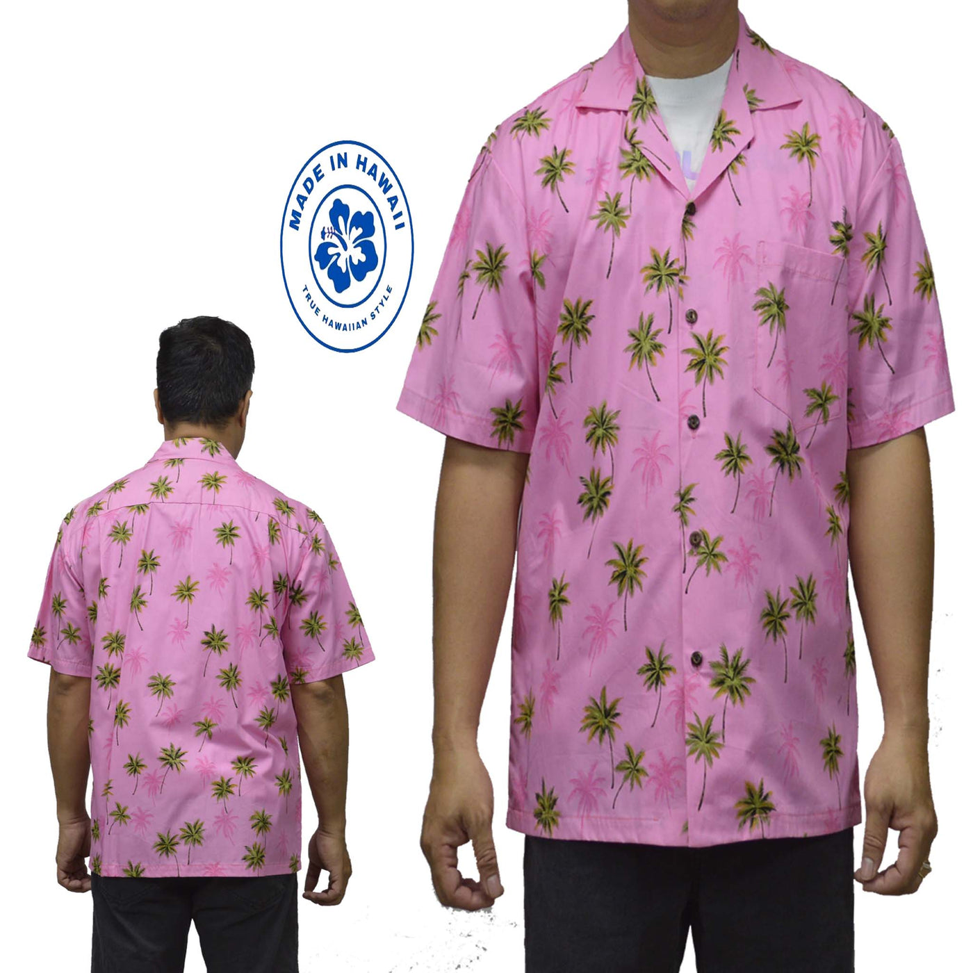 Cotton Hawaiian Shirt Coconut Trees-Pink