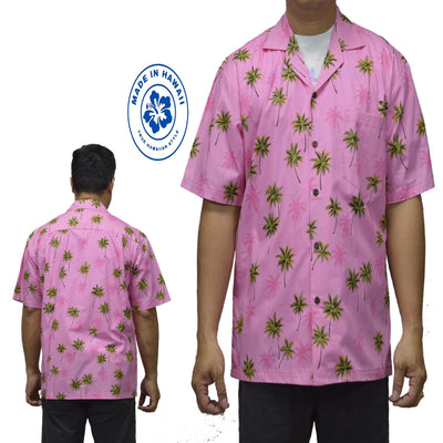 Cotton Hawaiian Shirt Coconut Trees-Pink