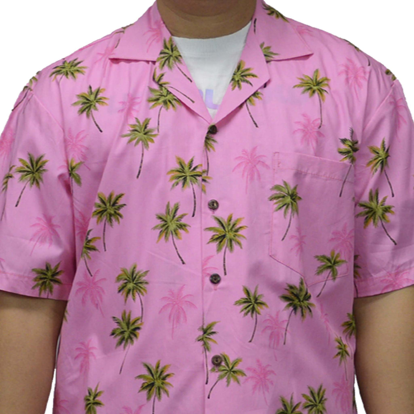 Cotton Hawaiian Shirt Coconut Trees-Pink