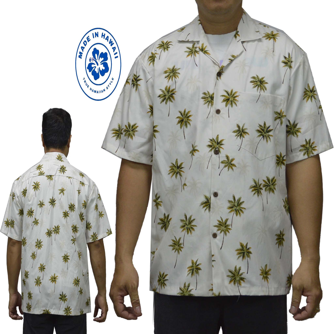 Cotton Hawaiian Shirt Coconut Trees-White