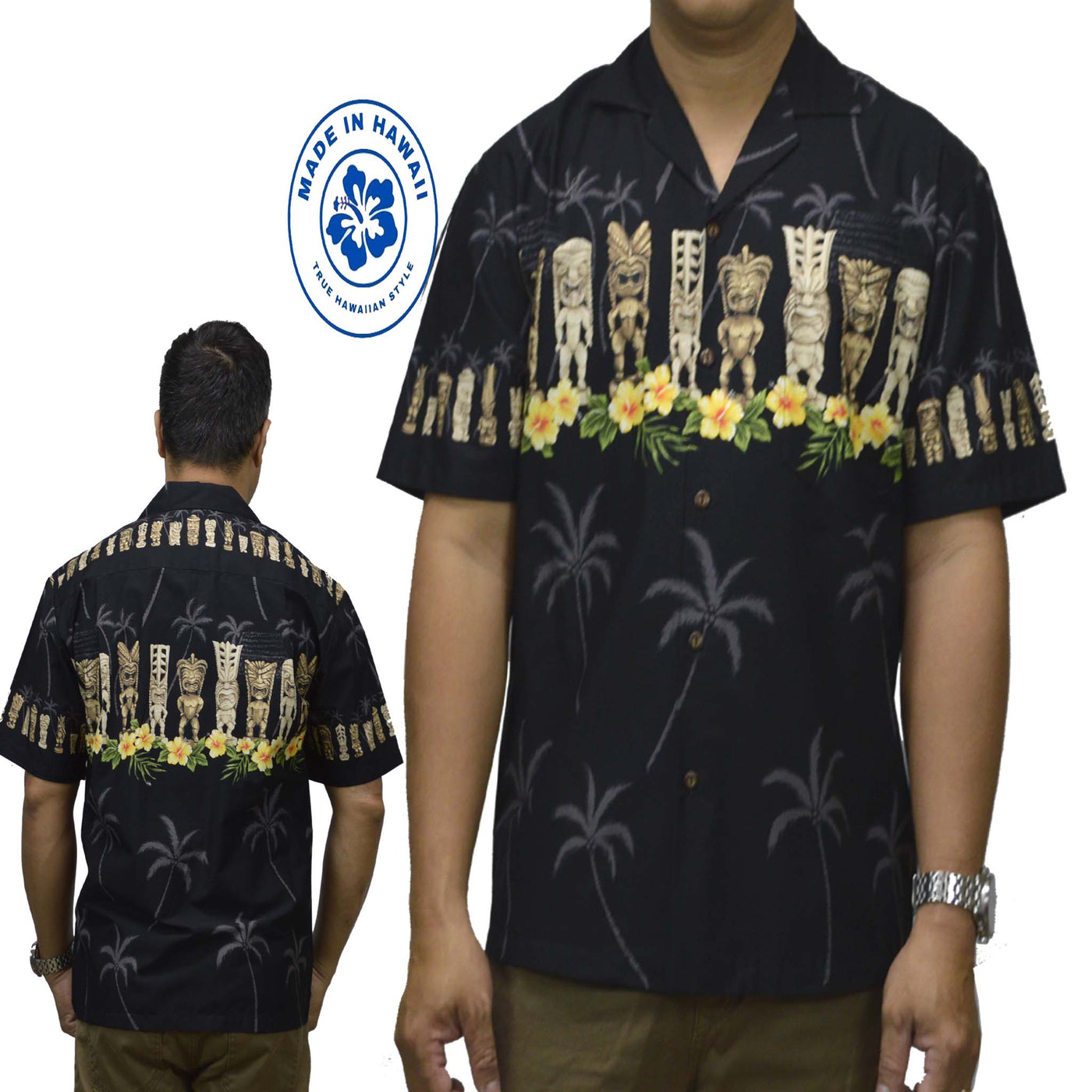 Ky's Hawaiian Cotton Shirt Lucky Tiki-Black