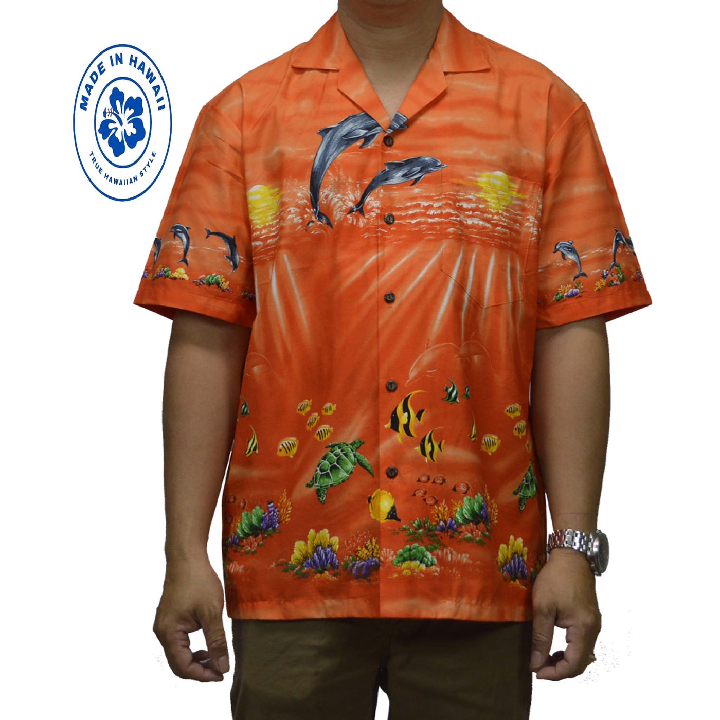 Ky's Hawaiian Cotton Shirt Sunrise Dolphins -Orange