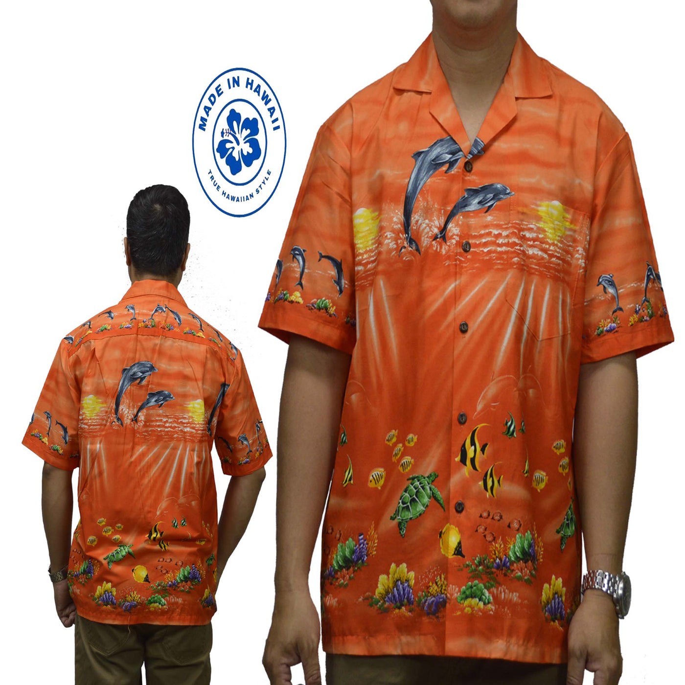 Ky's Hawaiian Cotton Shirt Sunrise Dolphins -Orange